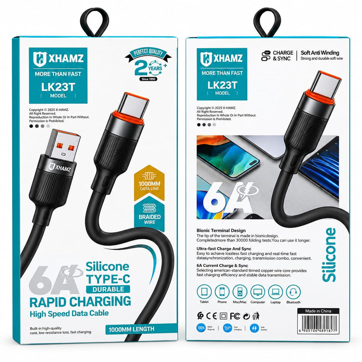 X-HANZ 6A Silicone USB-A to USB-C Fast Charging Cable LK23T