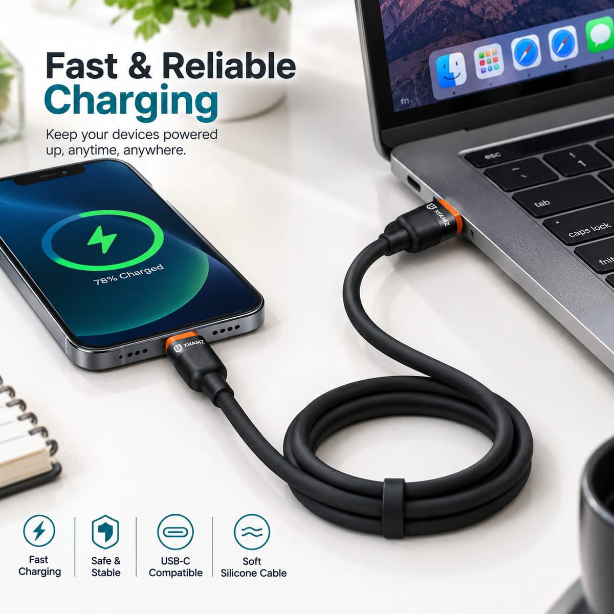 X-HANZ 6A Silicone USB-A to USB-C Fast Charging Cable LK23T