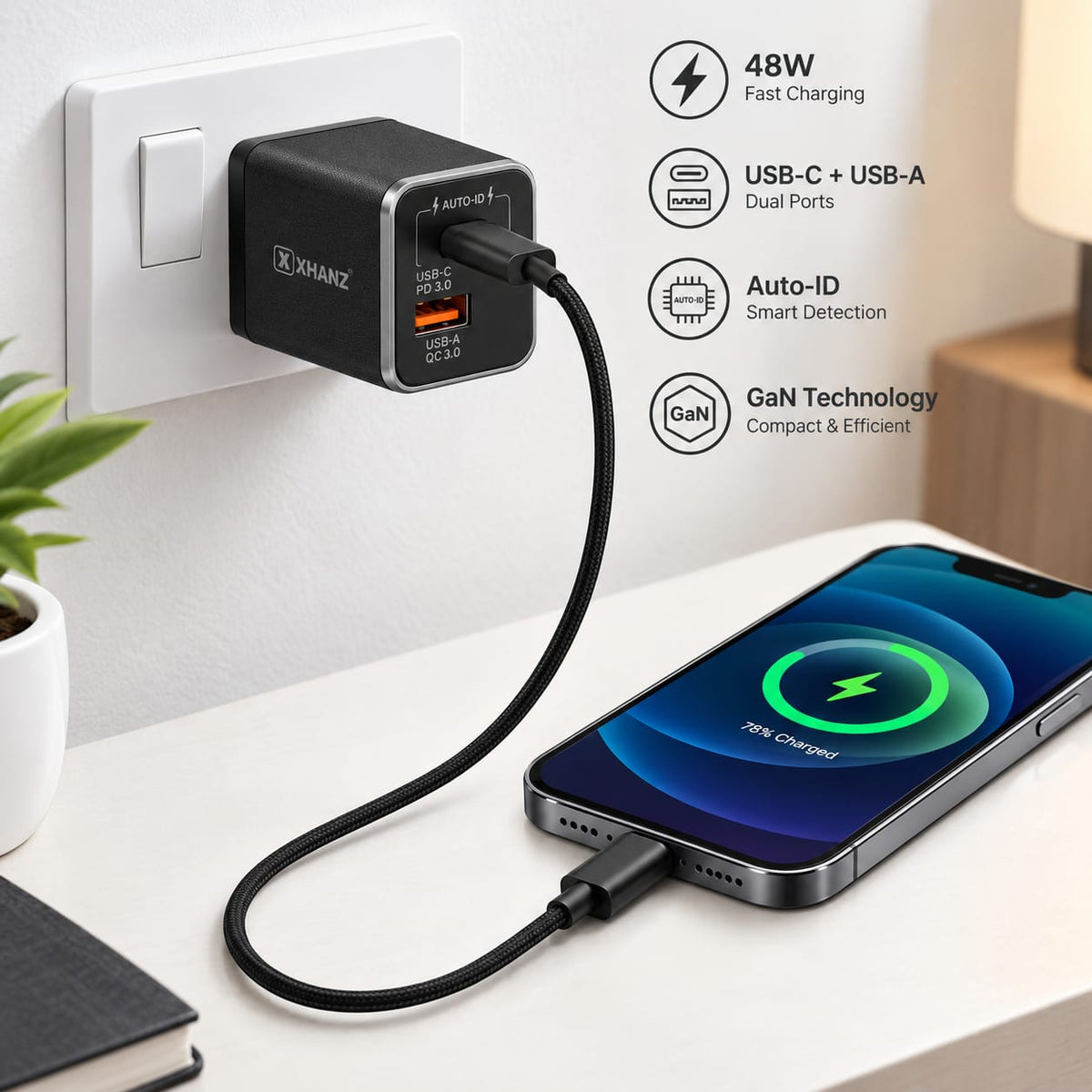 X-HANZ 48W GaN Fast Charger with USB-C to Lightning Cable SU7P