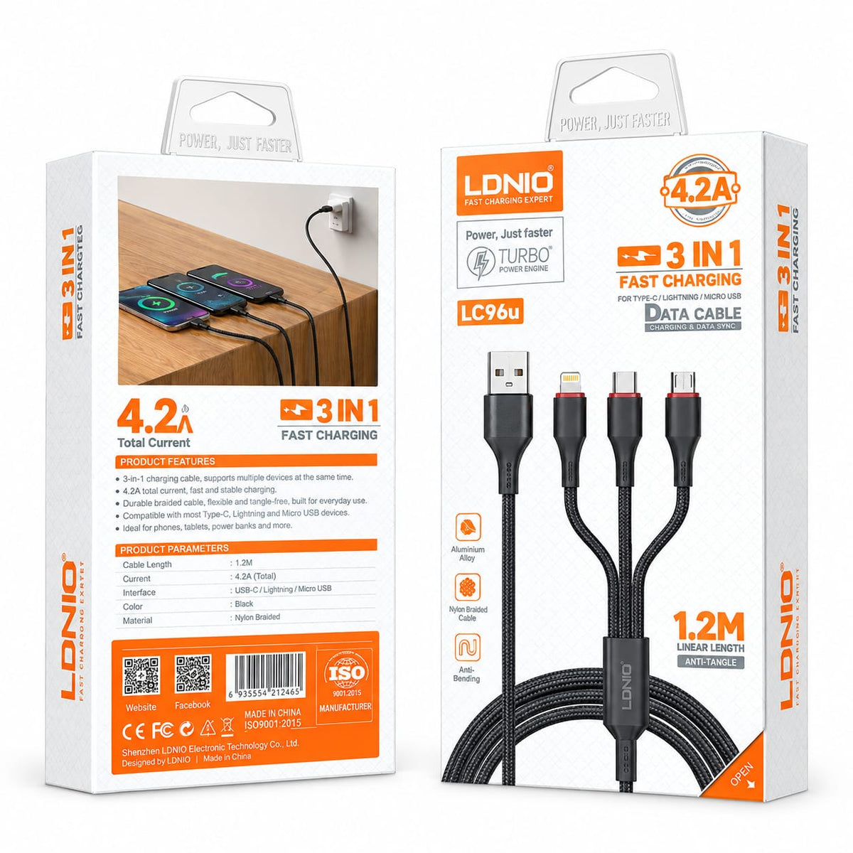 LDNIO 3-in-1 Fast Charging Cable 1.2M LC96U