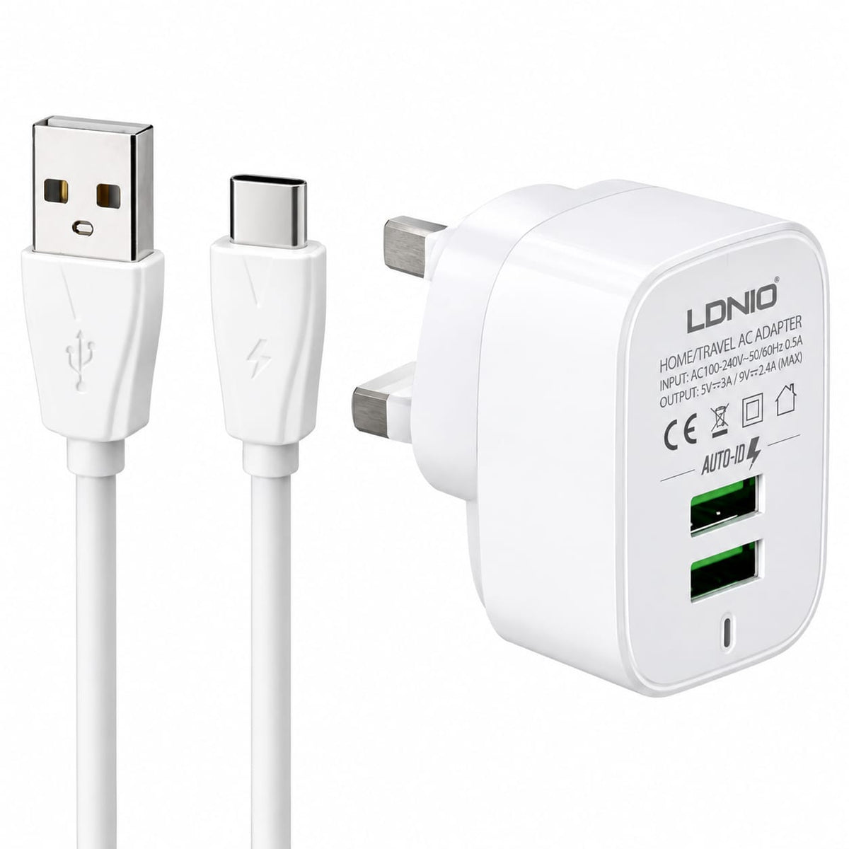 LDNIO Dual USB Fast Charger with USB-A to Type-C Cable A201