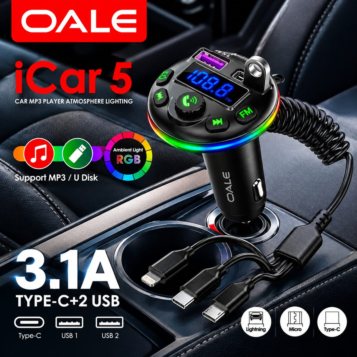 OALE iCar 5 Car MP3 Player – RGB Ambient Light & Fast Charger