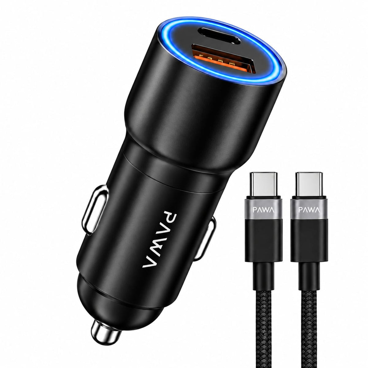 PAWA Aluminum Alloy Car Charger 52.5W with Ambient Light + Type-C to Type-C Cable