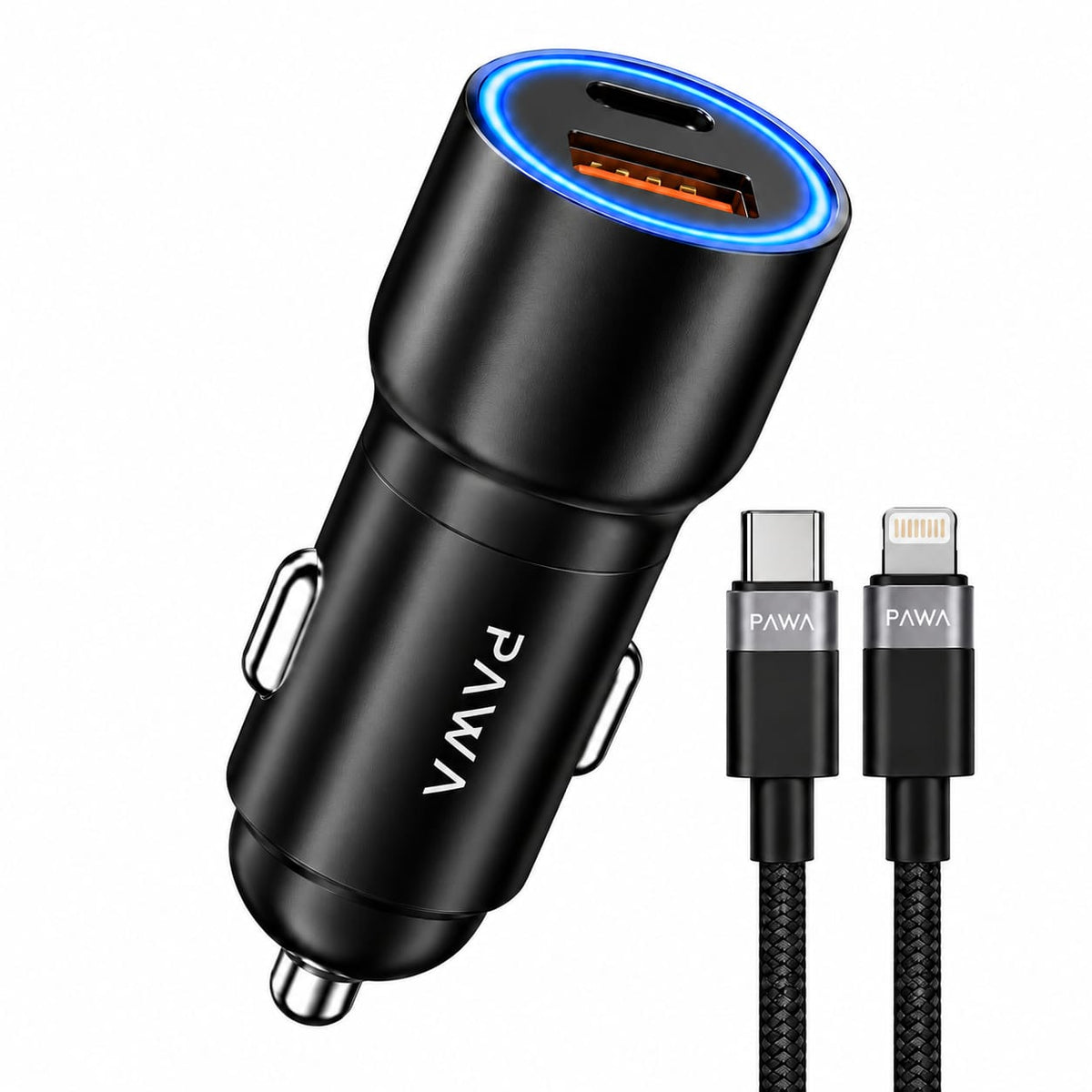 PAWA Aluminum Alloy Car Charger 52.5W with Ambient Light + Type-C to Lightning Cable