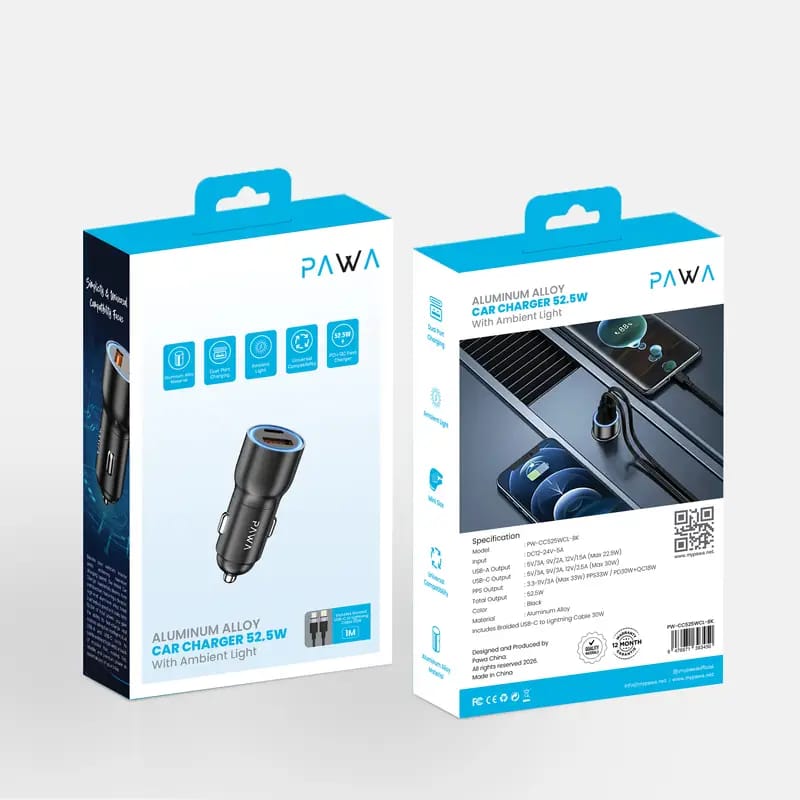 PAWA Aluminum Alloy Car Charger 52.5W with Ambient Light + Type-C to Lightning Cable