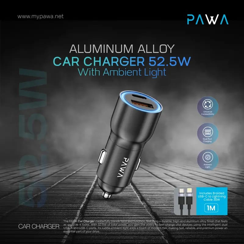 PAWA Aluminum Alloy Car Charger 52.5W with Ambient Light + Type-C to Lightning Cable