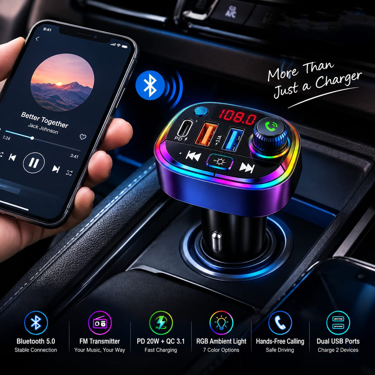 Wireless FM Transmitter & Multi-Function Car Charger T13