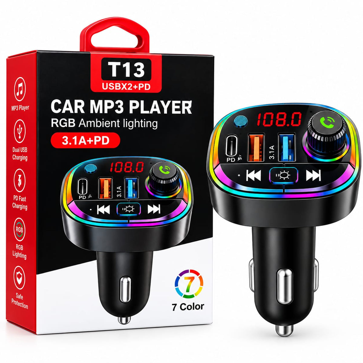 Wireless FM Transmitter & Multi-Function Car Charger T13