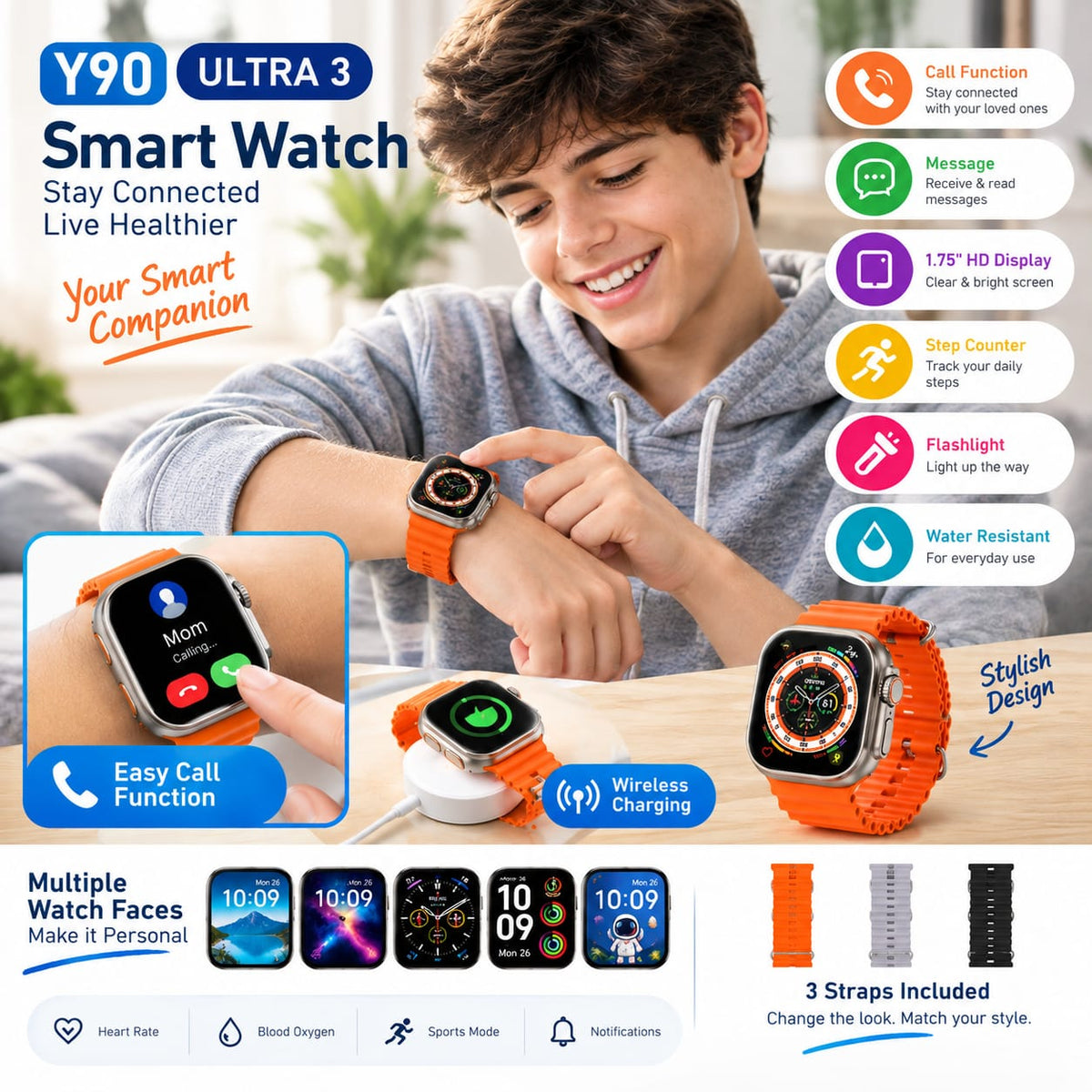 Y90 Ultra 3 Smartwatch – 3 Straps