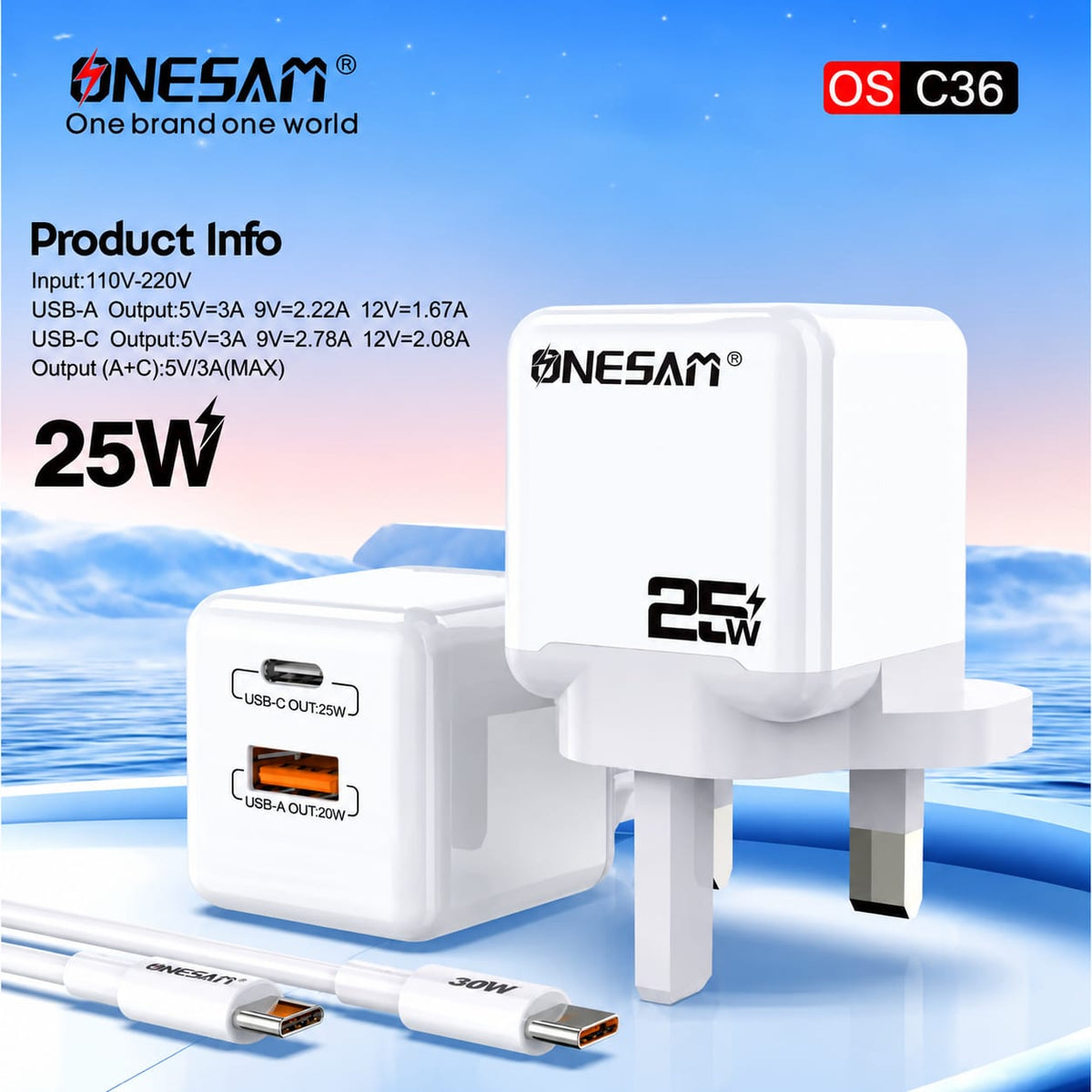 Onesam 25W Fast Charger with Type-C to Type-C Cable C36