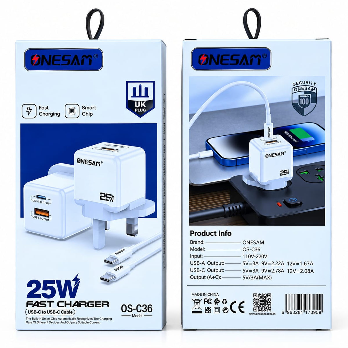Onesam 25W Fast Charger with Type-C to Type-C Cable C36