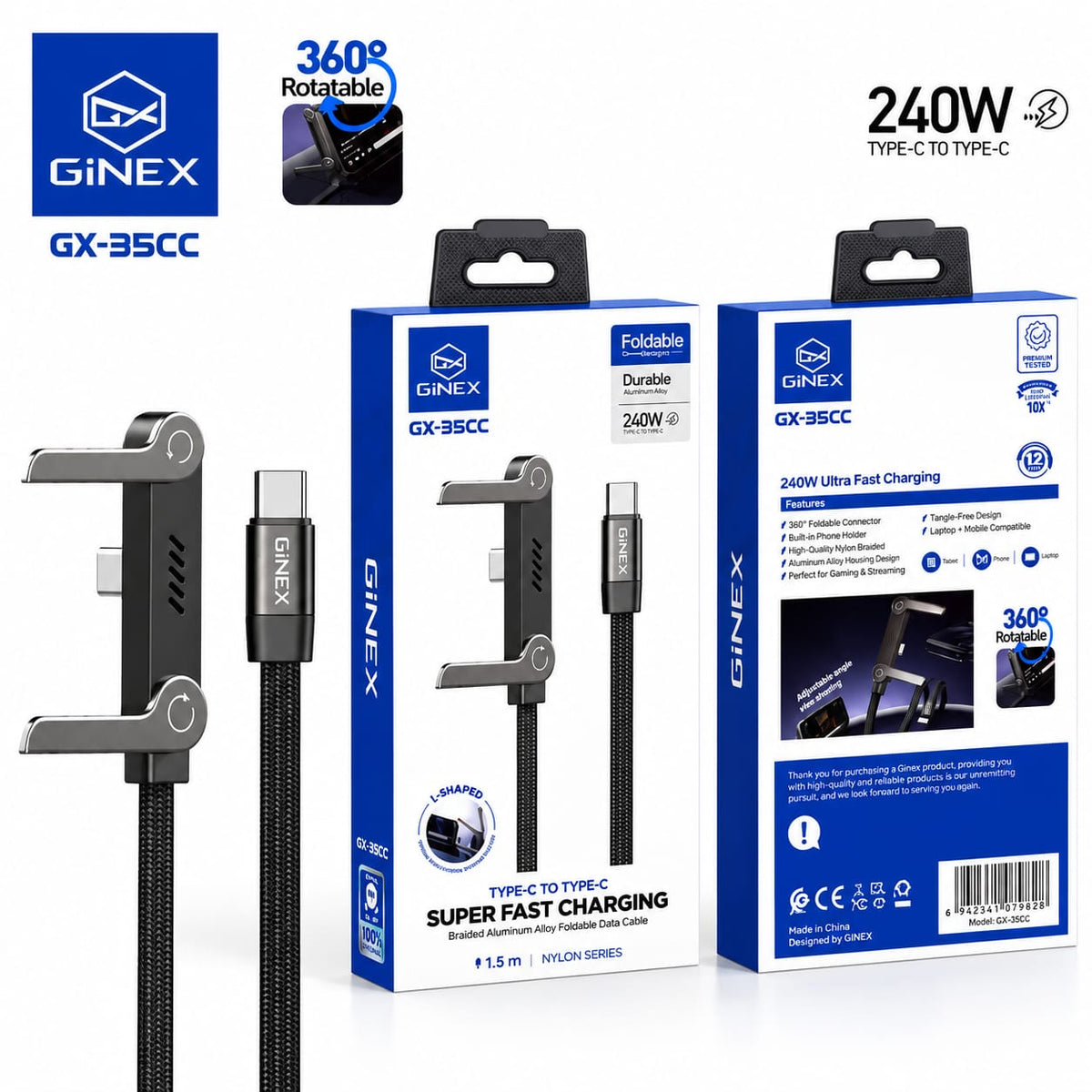 GiNEX 240W Type-C to Type-C Foldable Charging Cable GX-35CC
