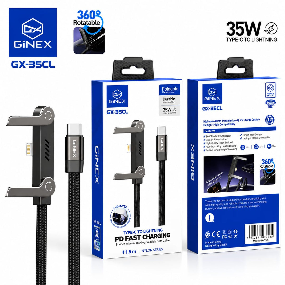GiNEX 35W Type-C to Lightning Foldable Charging Cable GX-35CL