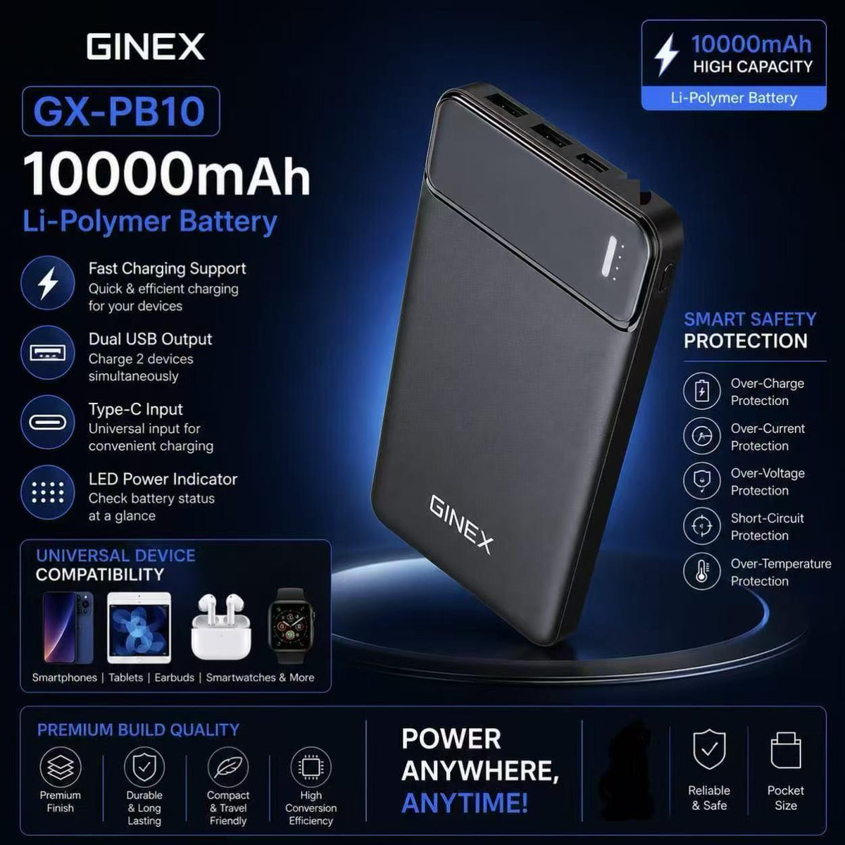 GiNEX 10,000mAh Fast Charging Power Bank PB10