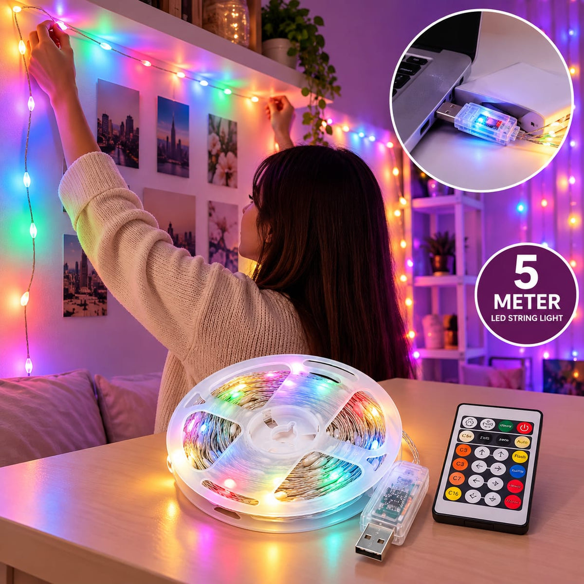 5 Meter USB RGB LED Strip Light with Remote & App Control