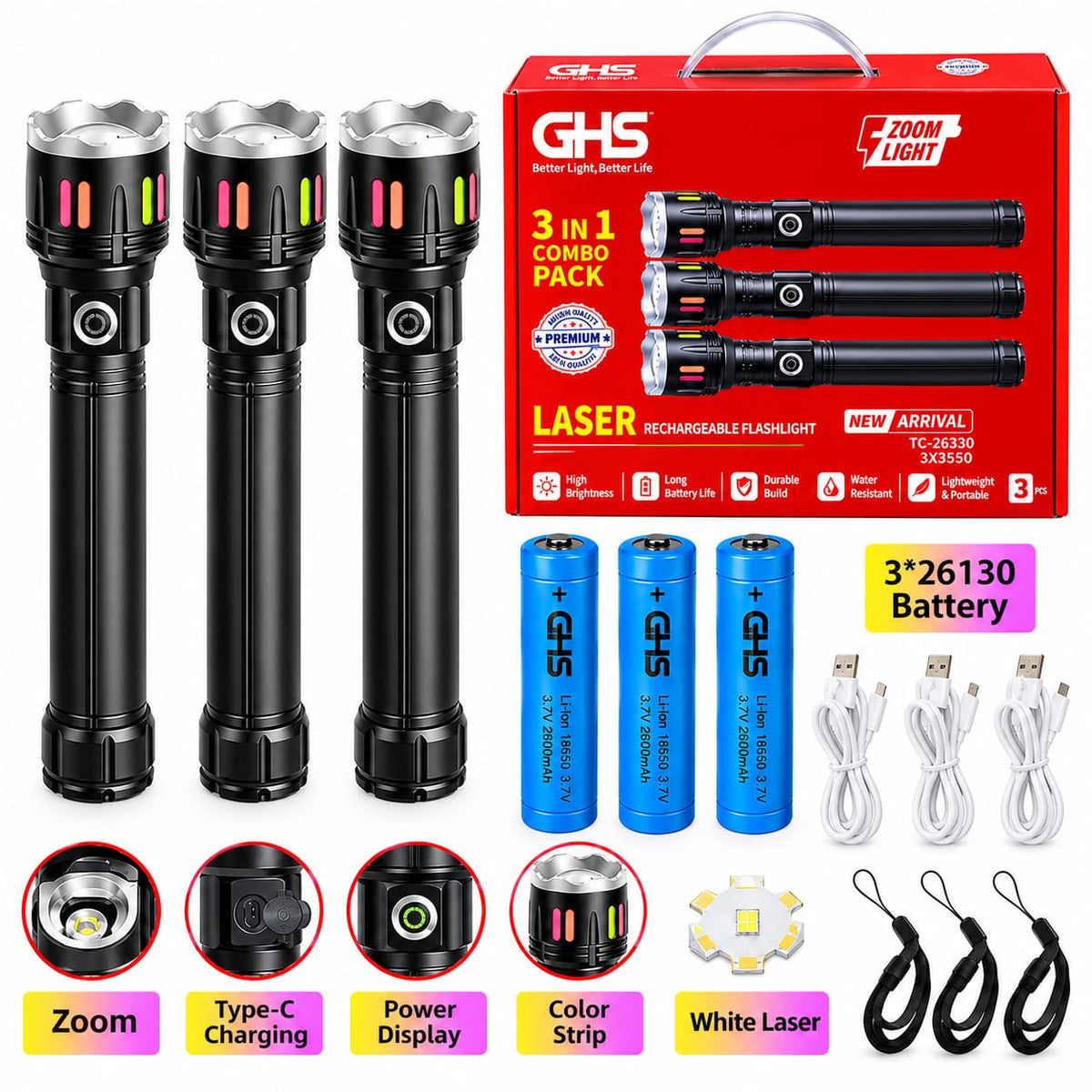 GHS 3-in-1 Rechargeable LED Flashlight Combo TC-26330