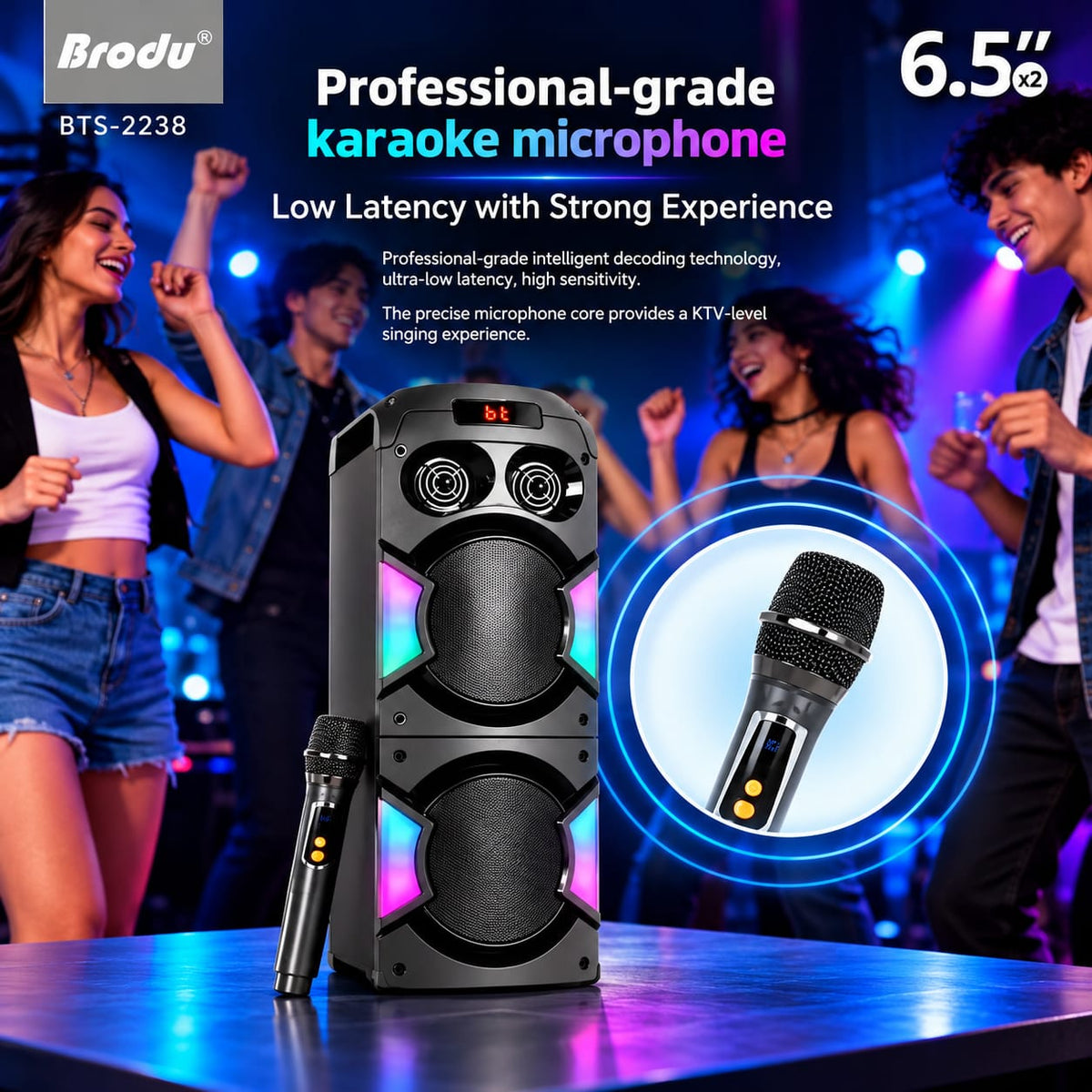 Brodu 6.5" Dual Woofer Karaoke Party Speaker with Wireless Microphone BTS-2238