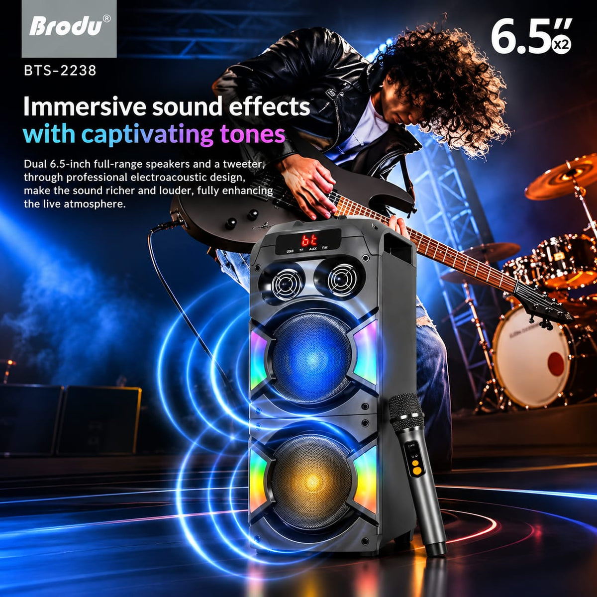 Brodu 6.5" Dual Woofer Karaoke Party Speaker with Wireless Microphone BTS-2238