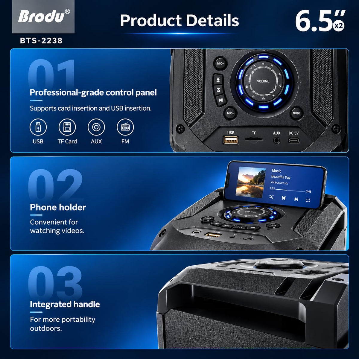 Brodu 6.5" Dual Woofer Karaoke Party Speaker with Wireless Microphone BTS-2238