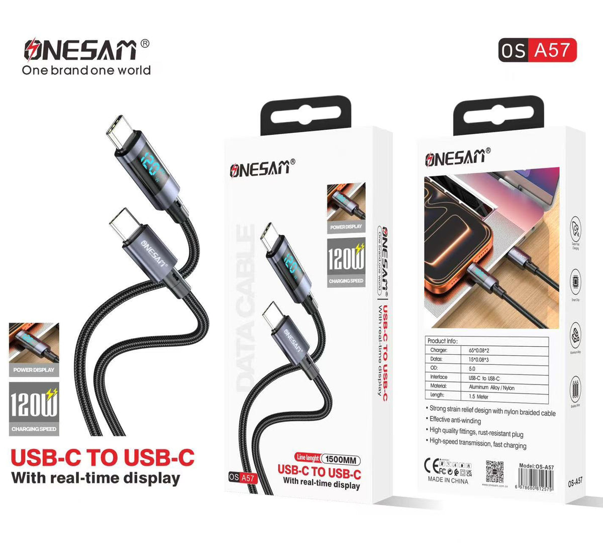 Onesam 120W USB-C to USB-C Fast Charging Cable with Digital Display A57
