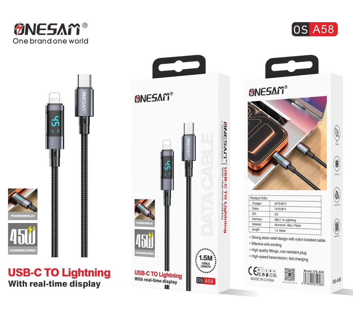 Onesam 45W USB-C to Lightning Fast Charging Cable with Digital Display A58