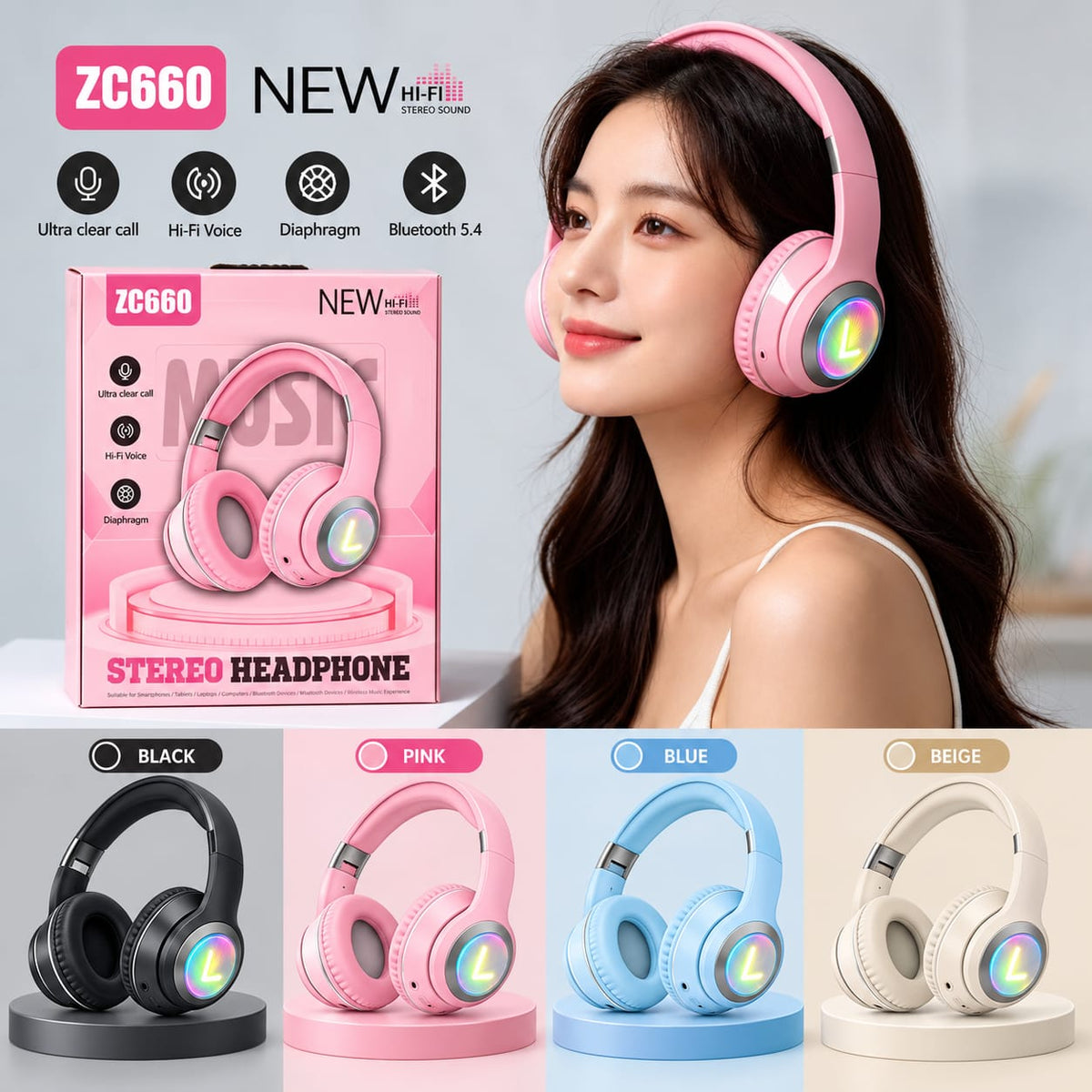 Wireless Bluetooth Stereo Headphones – Bluetooth 5.4 with Hi-Fi Sound ZC660