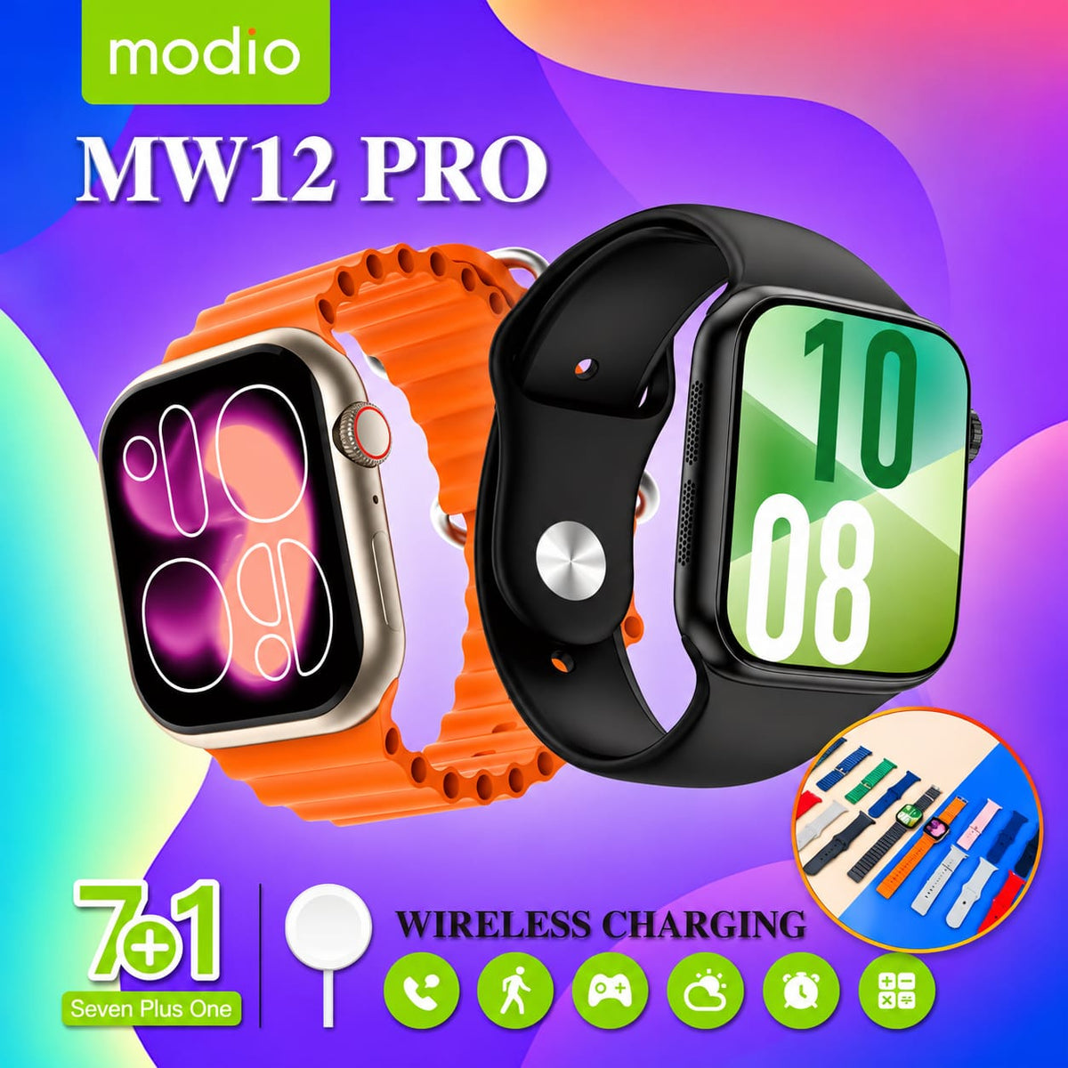 Modio MW12 Pro Smart Watch – 7+1 Straps with Wireless Charging