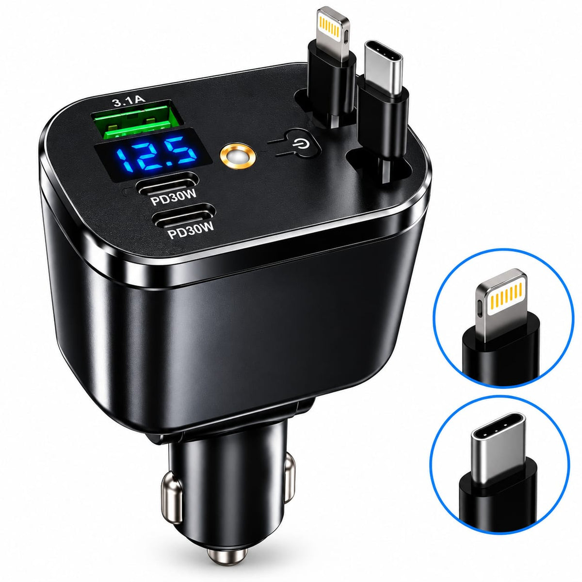 5-in-1 Multifunction Fast Car Charger with Digital Display – 30W PD