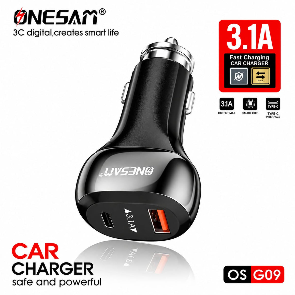 Onesam 3.1A Dual Port Fast Car Charger – USB-A & Type-C G09