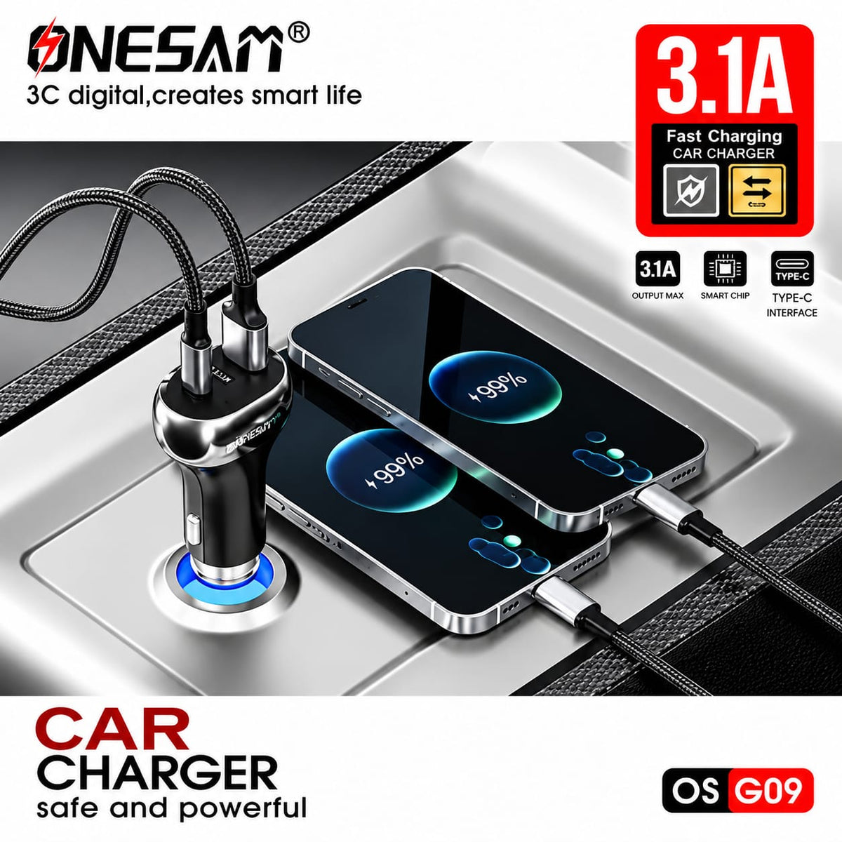 Onesam 3.1A Dual Port Fast Car Charger – USB-A & Type-C G09