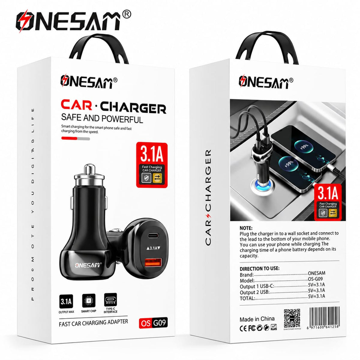 Onesam 3.1A Dual Port Fast Car Charger – USB-A & Type-C G09