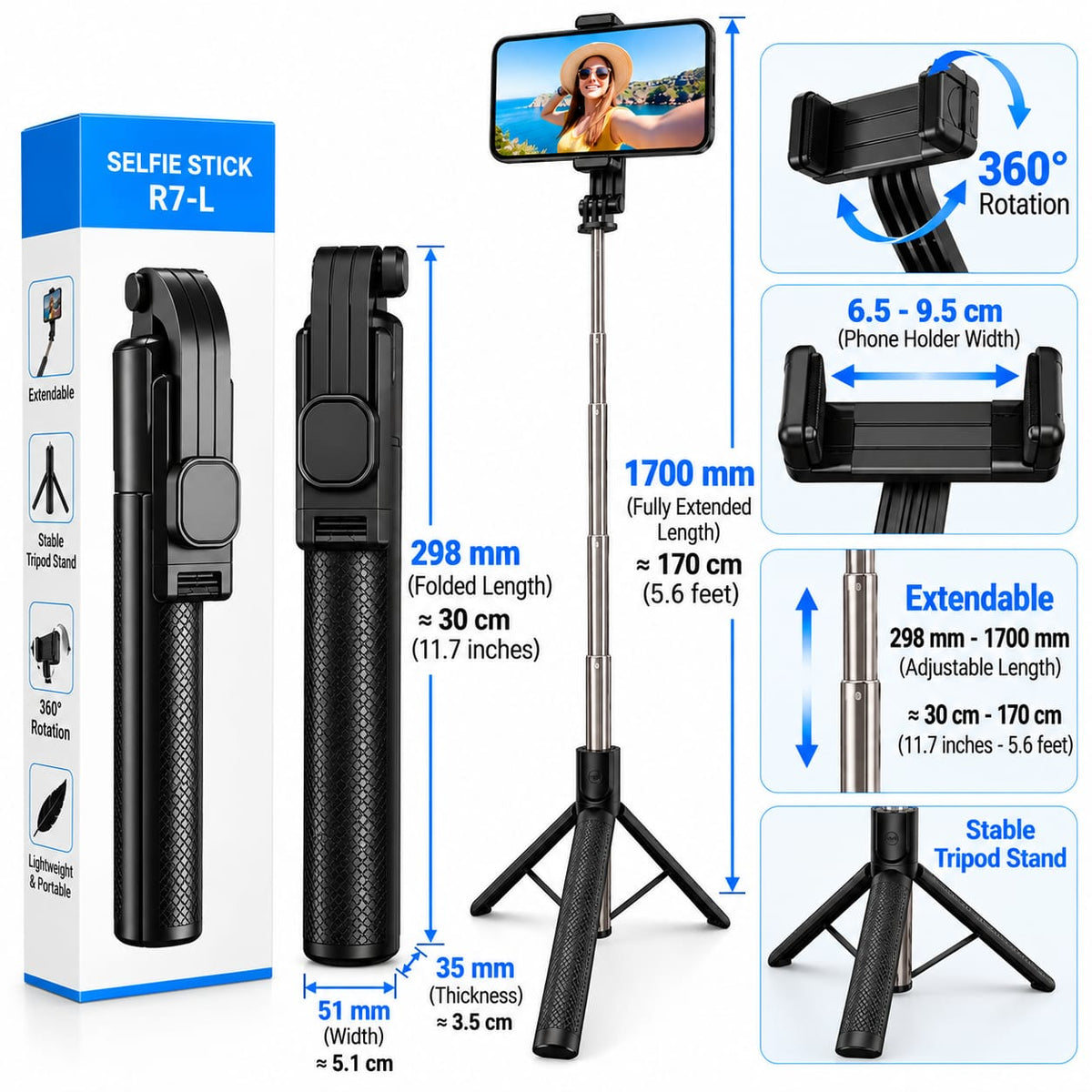 R7-L Extendable Selfie Stick with Tripod Stand – 170cm