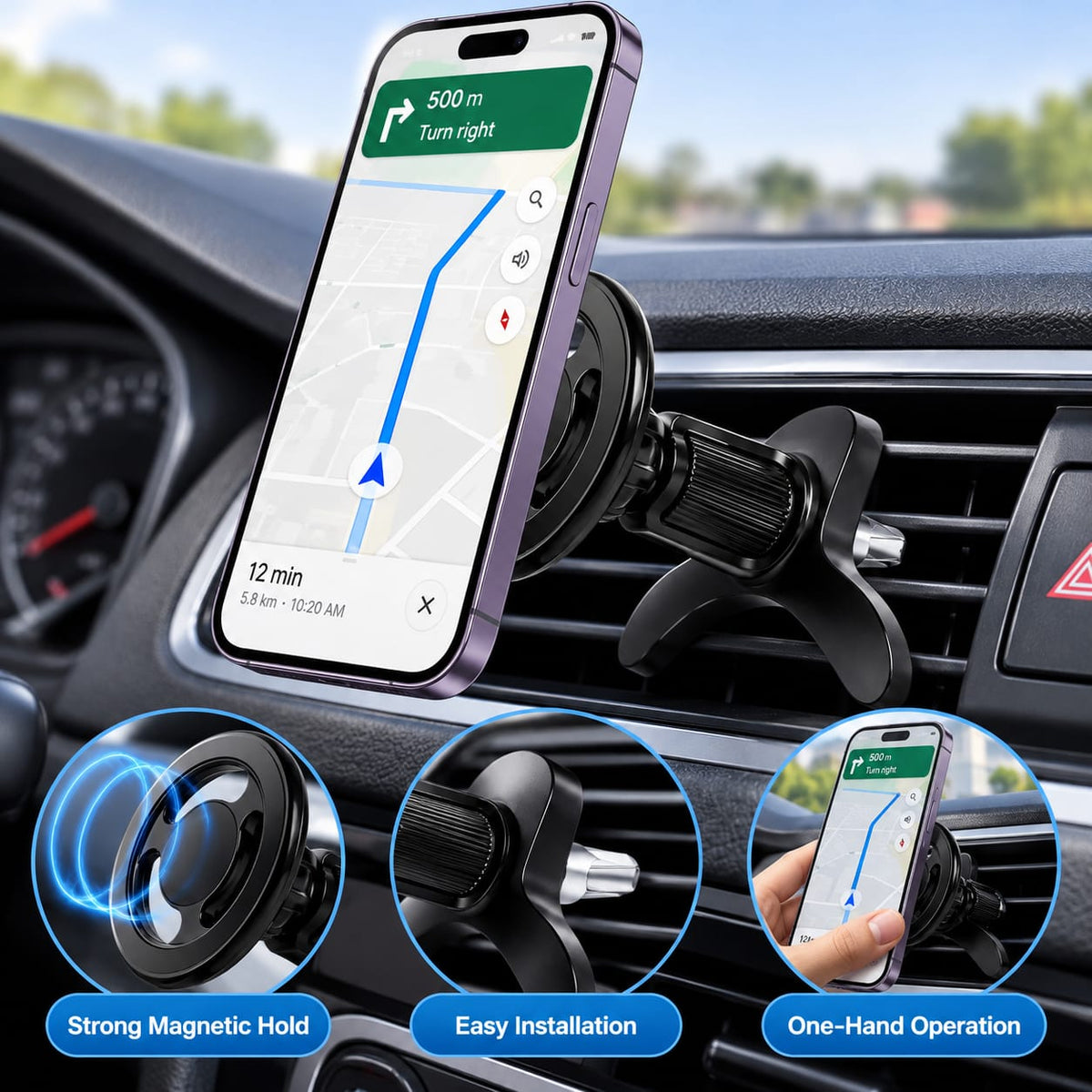 Magnetic Car Air Vent Phone Holder – 360° Rotation F099