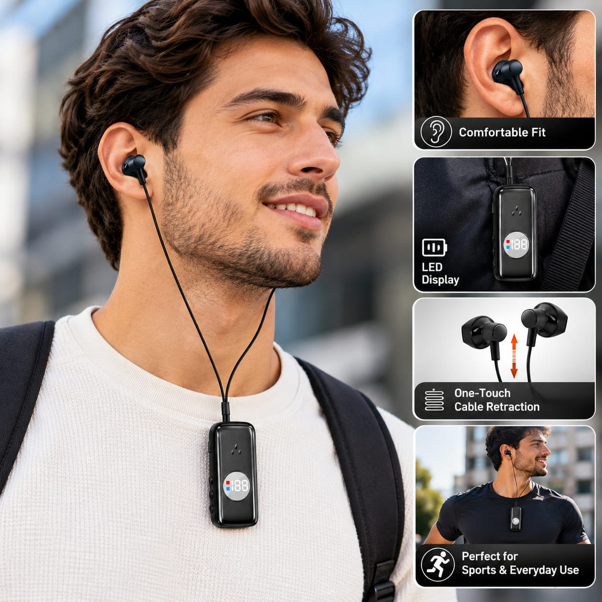 Wireless Bluetooth Earphones with Retractable Cable & LED Display Q40