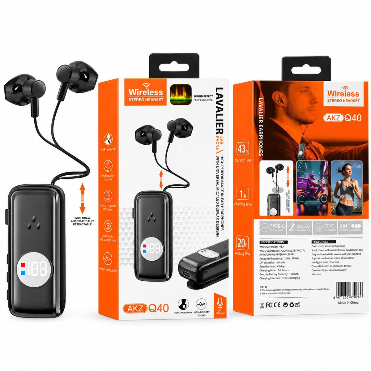 Wireless Bluetooth Earphones with Retractable Cable & LED Display Q40