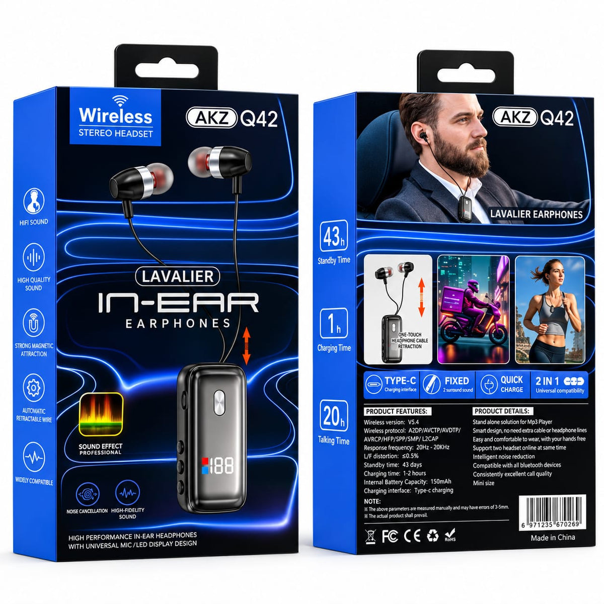 Wireless Bluetooth Earphones with Retractable Cable & LED Display Q42