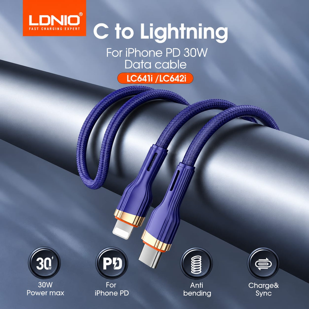 كابل شحن LC641i من LDNIO بقدرة 30 واط بمنفذ USB-C إلى Lightning
