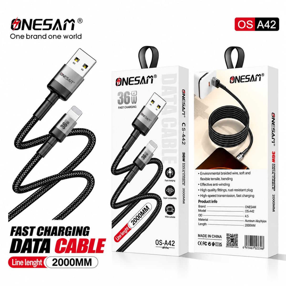 Onesam 36W Fast Charging USB-A to Lightning Data Cable 2 Meter A42