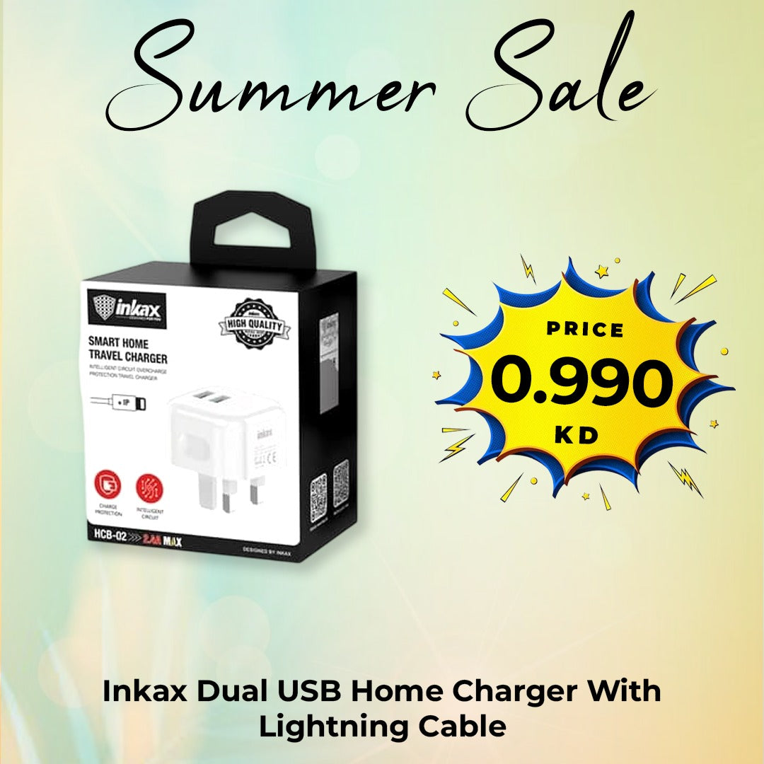Inkax Dual USB Home Charger With Lightning Cable