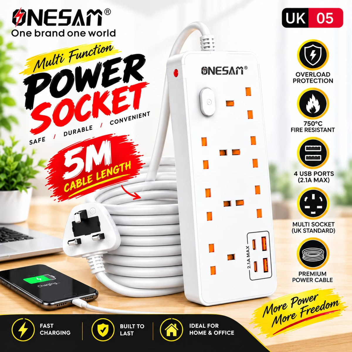 ONESAM 2990W Power Strip Extension Board – 5 Meter Cable UK05