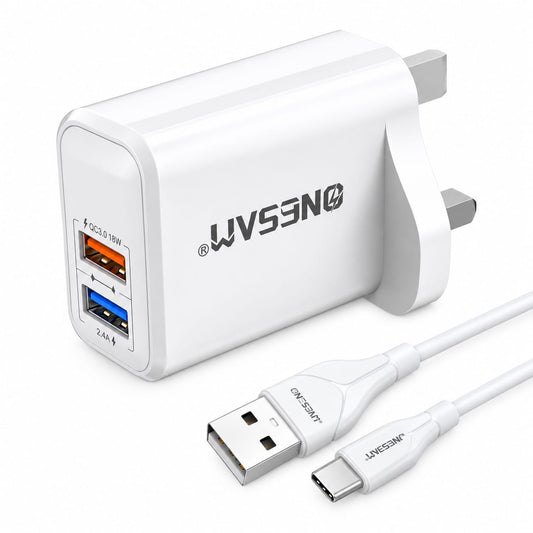 شاحن Onesam ثنائي المنافذ USB مع كابل USB A إلى Type C طراز C13