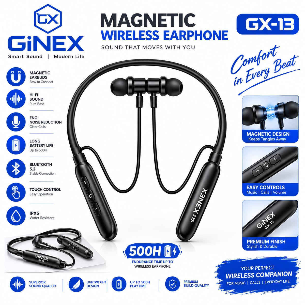 GiNEX Magnetic Wireless Earphone GX-13