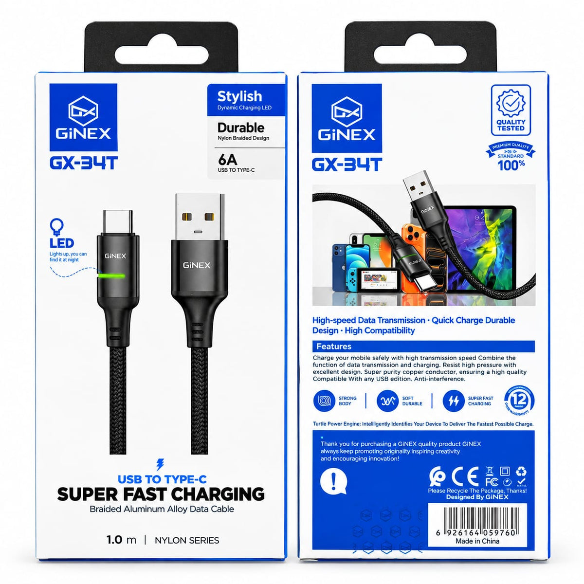 GiNEX USB to Type-C Super Fast Charging Cable GX-34T
