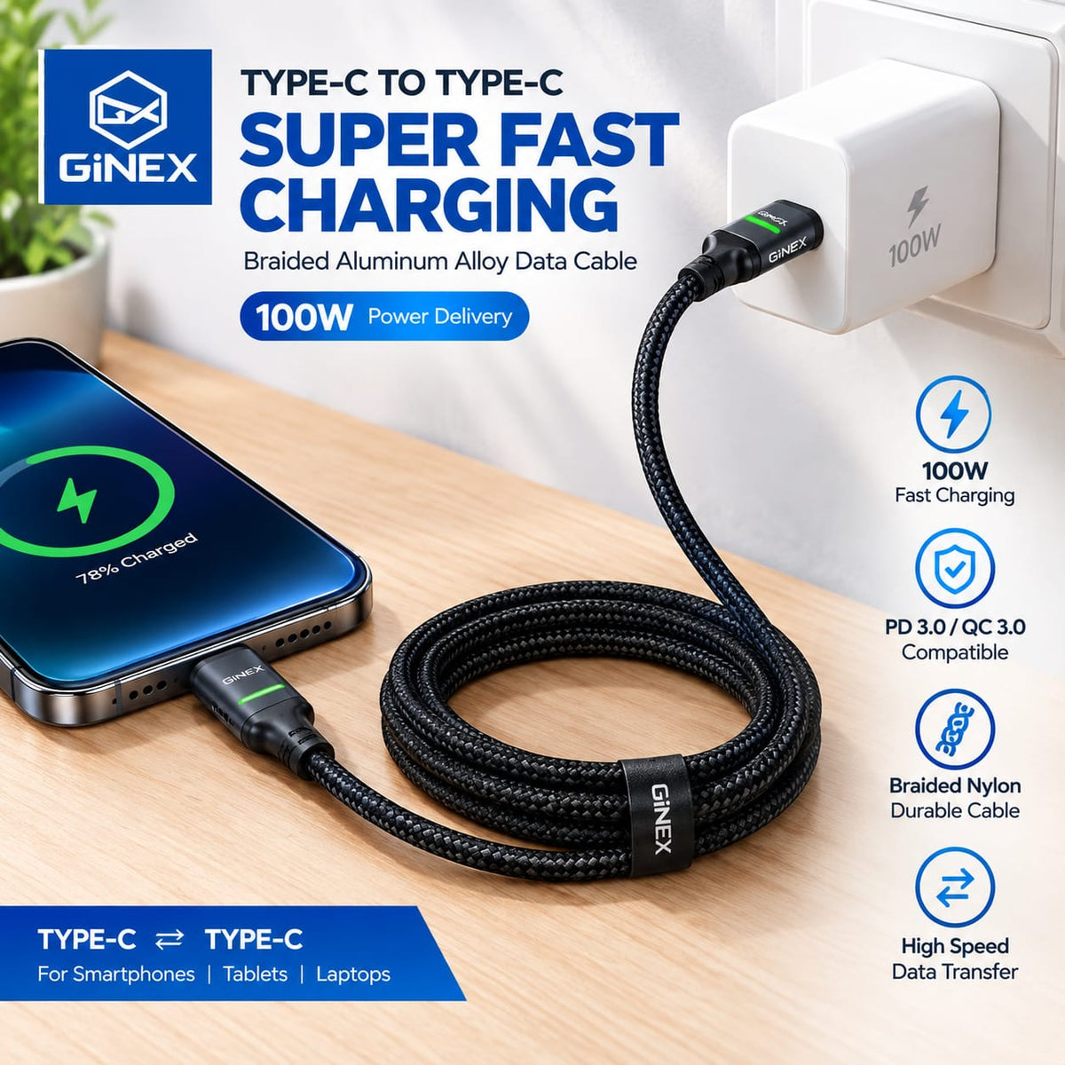 GiNEX USB-C to USB-C Super Fast Charging Cable GX-34CC
