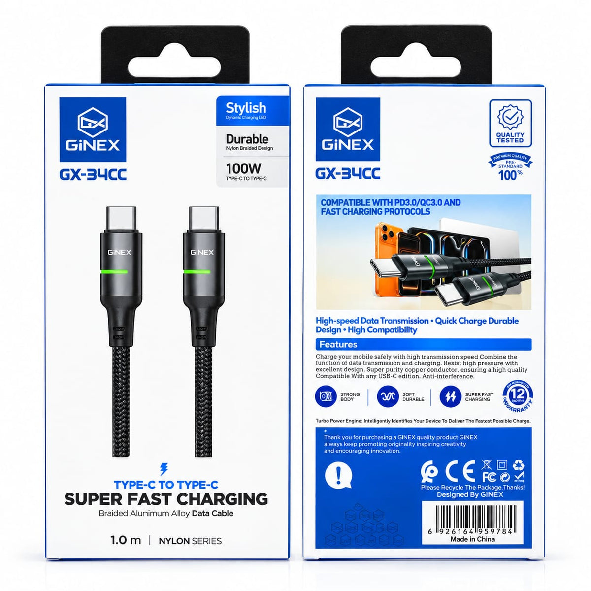 GiNEX USB-C to USB-C Super Fast Charging Cable GX-34CC