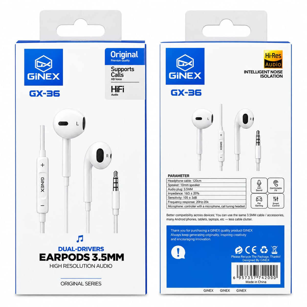 GiNEX Dual Drivers Wired EarPods 3.5mm GX-36