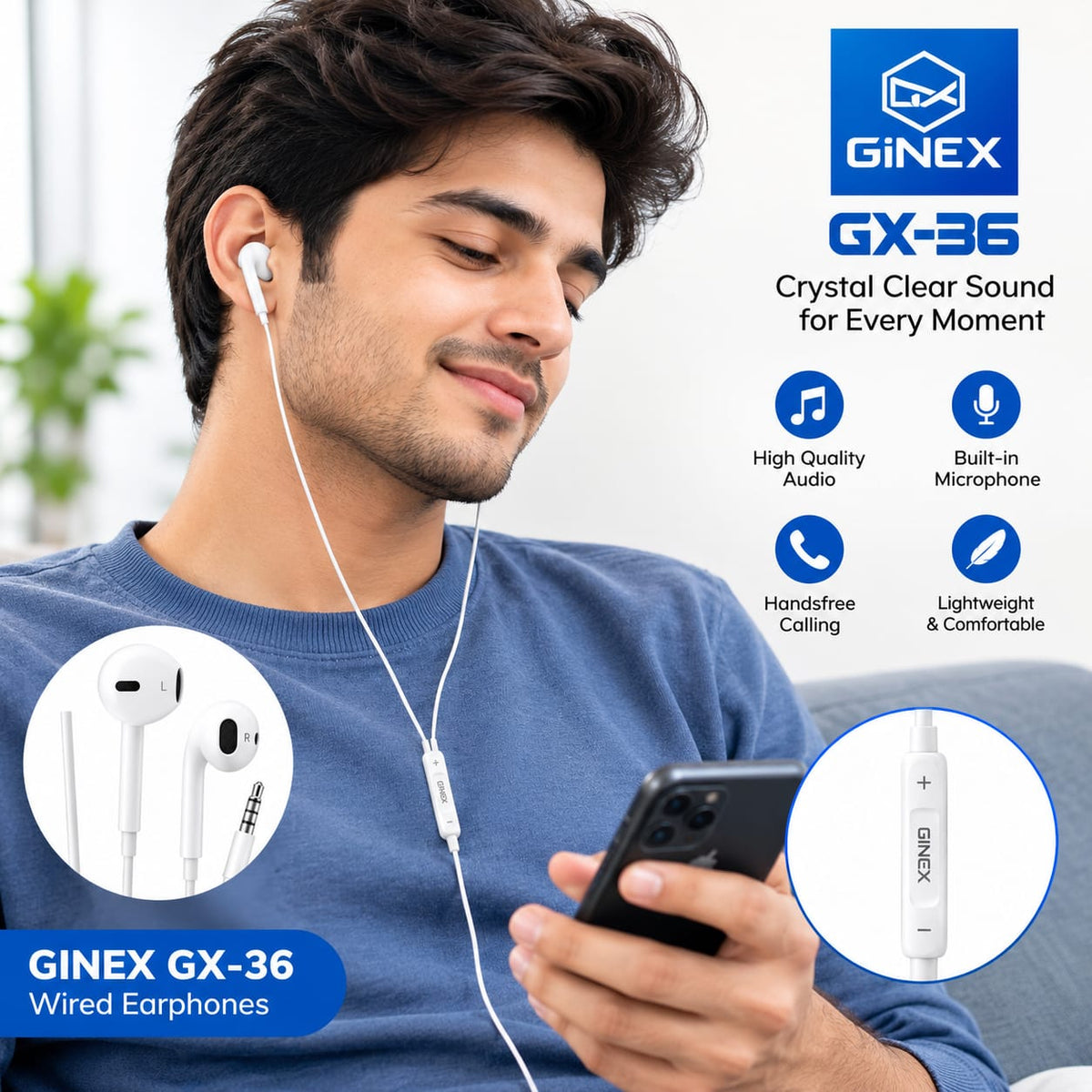 GiNEX Dual Drivers Wired EarPods 3.5mm GX-36