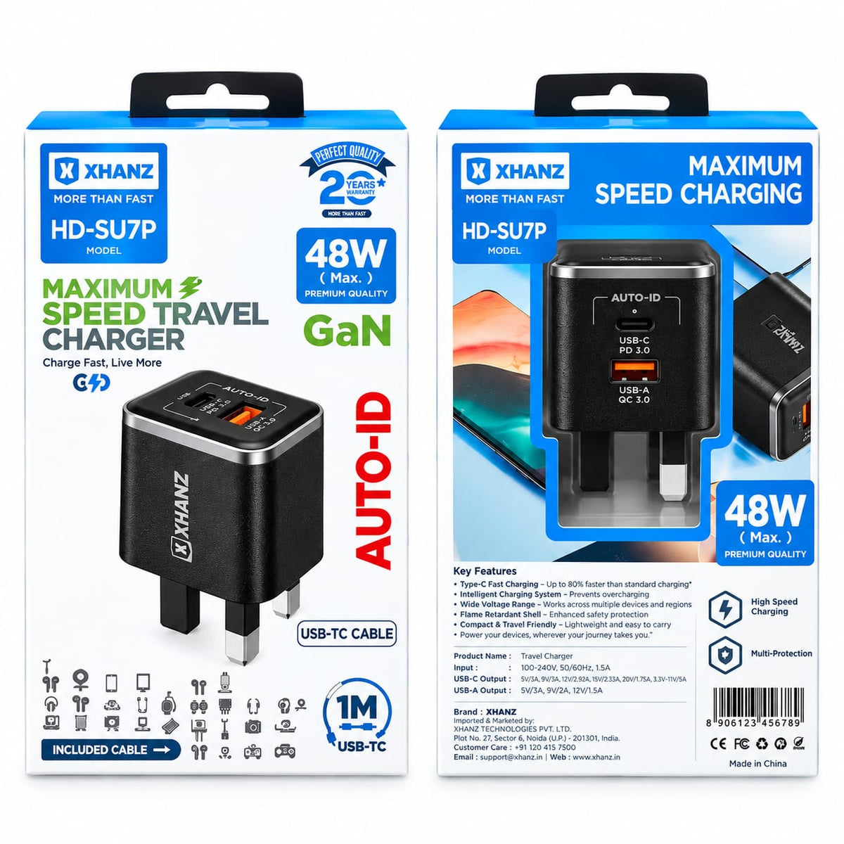 X-HANZ 48W GaN Fast Charger with USB-A to Type-C Cable SU7P