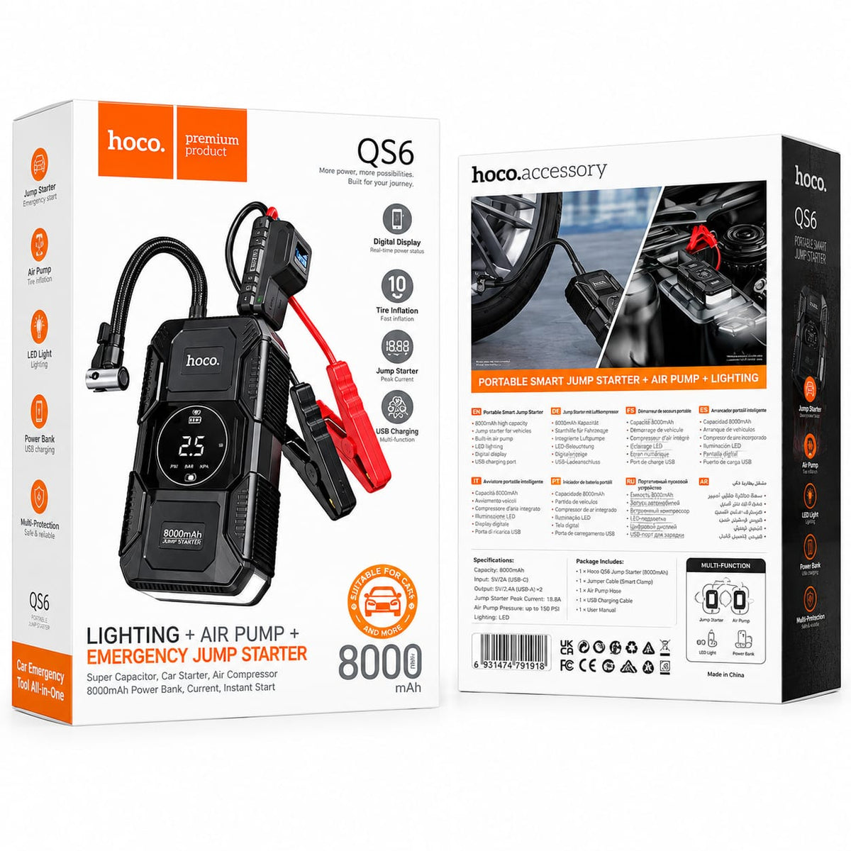 Hoco 8000mAh Portable Smart Jump Starter with Air Pump & Lighting QS6