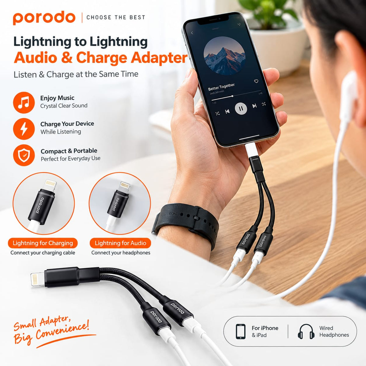 Porodo Lightning Connector Audio & Charge Adapter